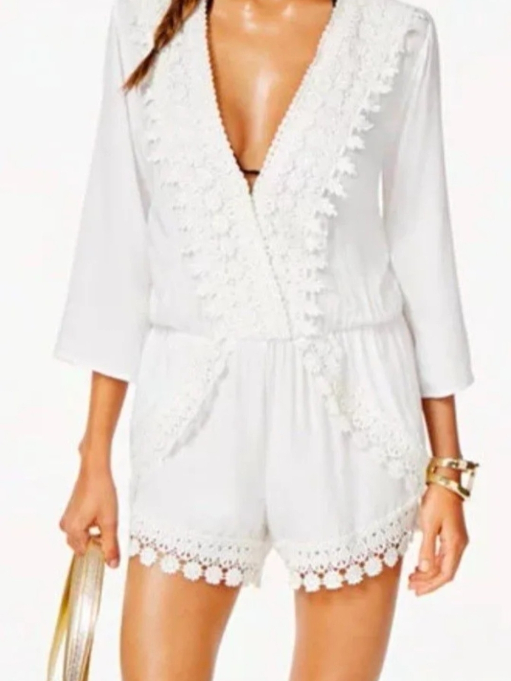 La Blanca 'Costa Brava' Crochet-Trim Romper Cover-Up MSRP $99